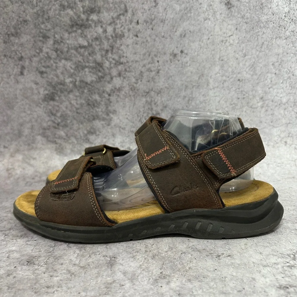 Clarks Hapsford Creek Sandals Mens 12 Brown Leather Hook Loop Straps Comfort